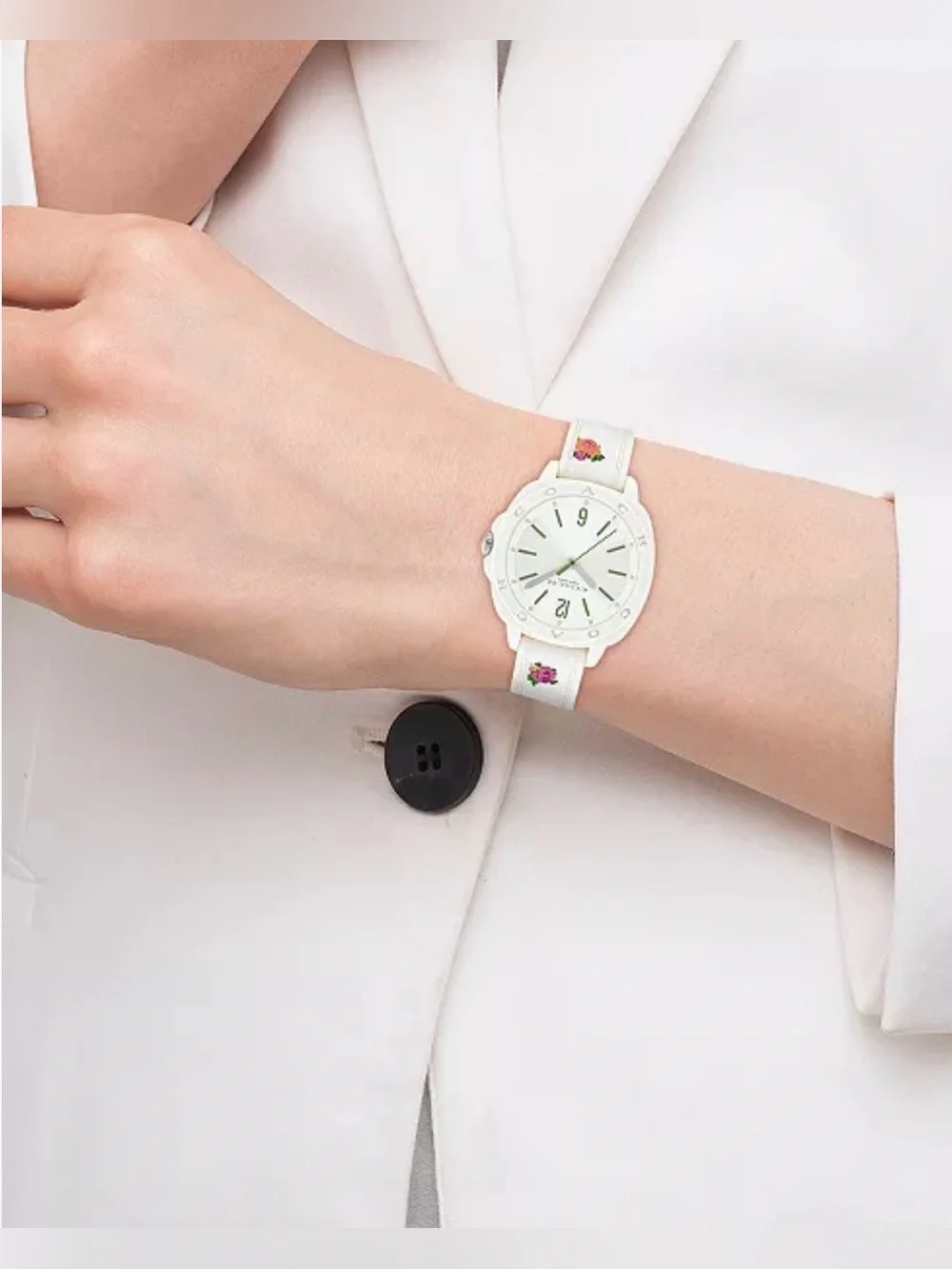 COACH White Floral  Women's Kitt Chalk Silicone Strap Watch, 35.4mm